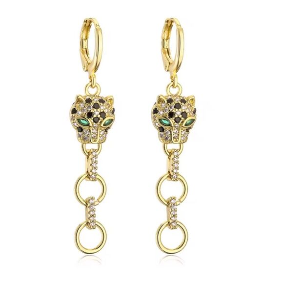18K Gold Pavé Leopard Inspired Hoop Dangle Drop Earrings - Picture 1 of 2